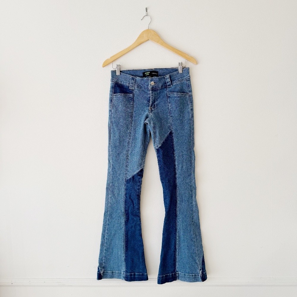 two-tone low rise patchwork flare jeans